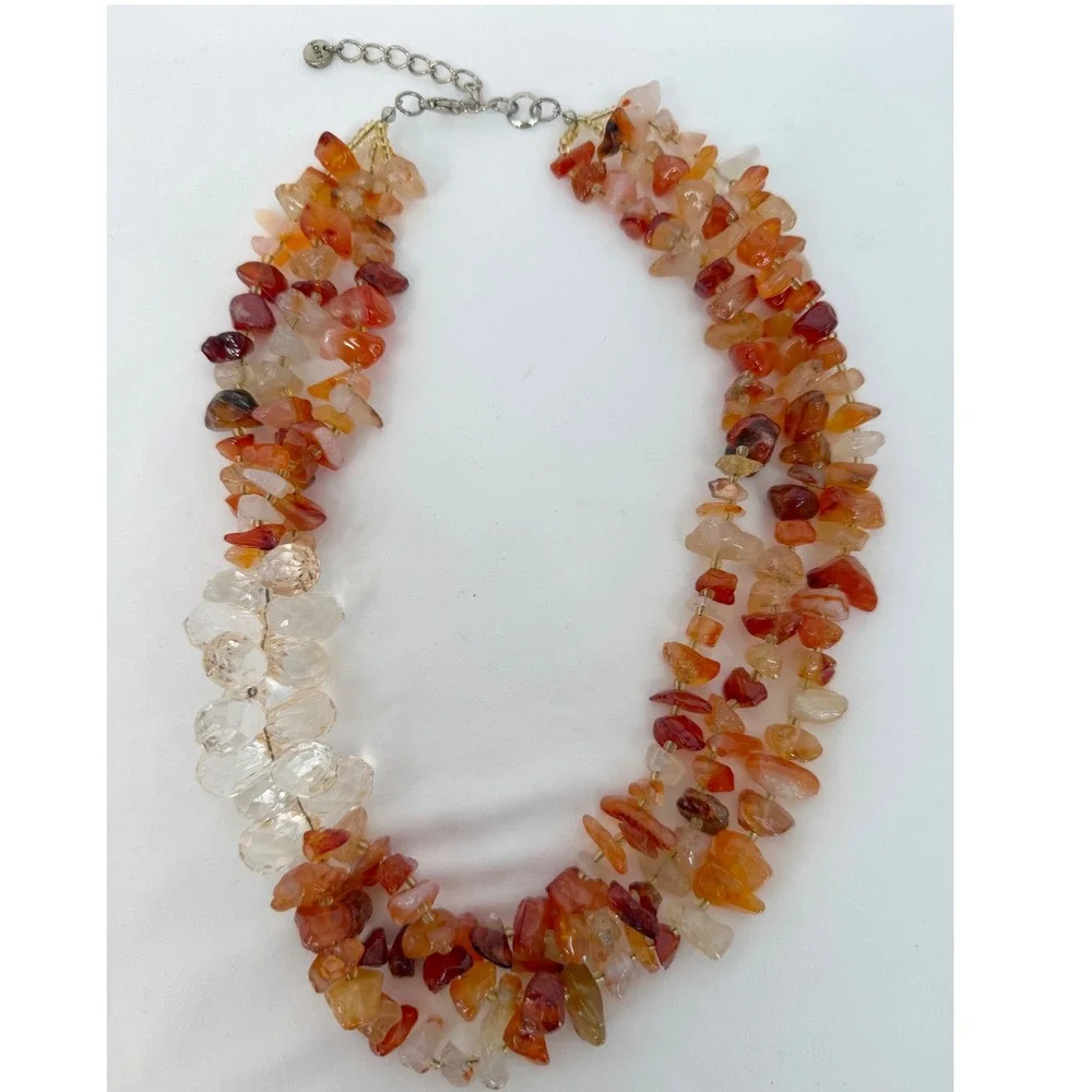 LOFT Orange Stone Chip Multi Strand Necklace Amber Clear Bead Accent Chic 103-63